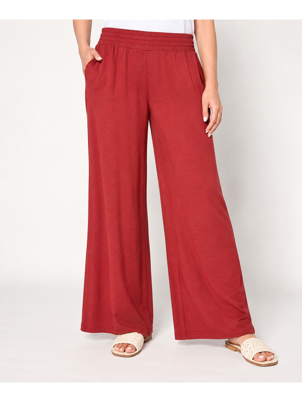 Denim & Co. Beach Regular Jersey Full Length Wide Leg Pants Clay Red, Medium